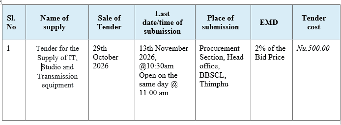 Tender for the Supply of IT, Studio and Transmission Equipment